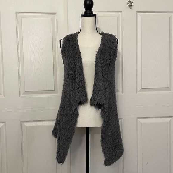 Kensie Fuzzy Fur Super Soft Open High Low Charcoal Sweater Vest, Large - Picture 1 of 12